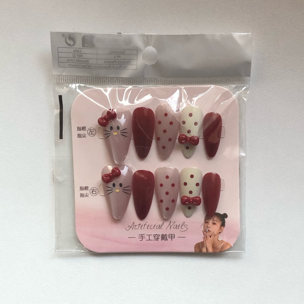 Hello Kitty Red, Pink & Cream Polka Dot Press-On Nails with 3D Bow